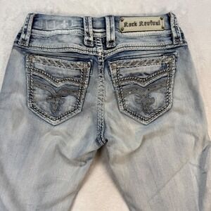 Rock‎ Revival Nadja Easy Crop Jeans Embellished Pockets Light Wash Denim Size 26